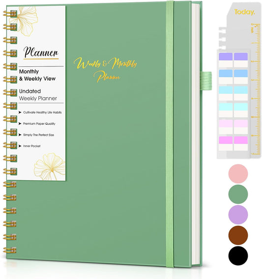 B5 Green Undated Planner, Goal & Habit Tracker, Spiral Bound, 7.4 x 9.64