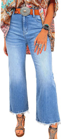 Astylish Womens High Waisted Mineral Wash Flared Jeans - Raw Hem Fit