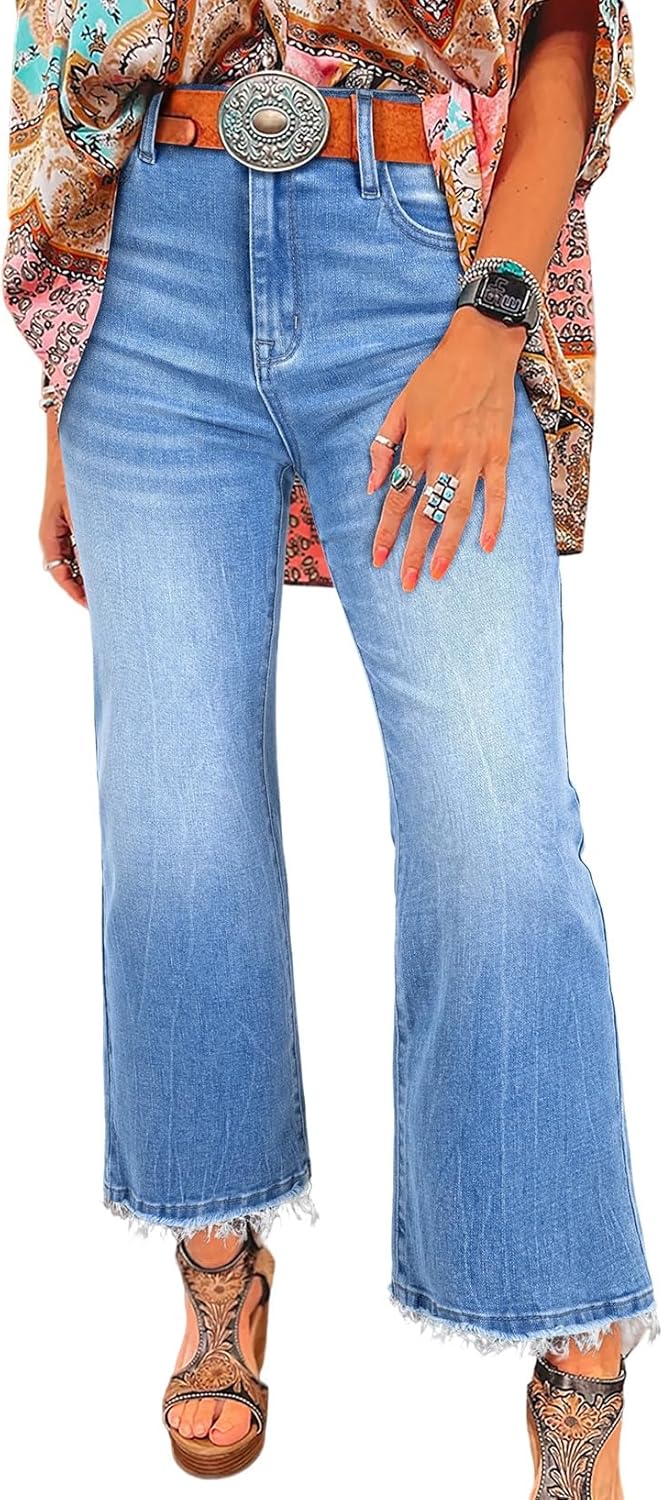 Astylish Womens High Waisted Jeans with Trendy Raw Hem Style