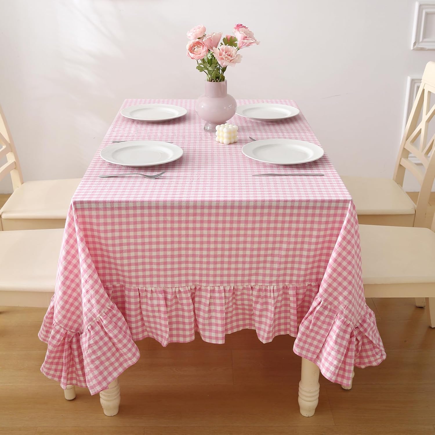 Pink White Plaid Ruffled Table Cloth for Elegant Dining