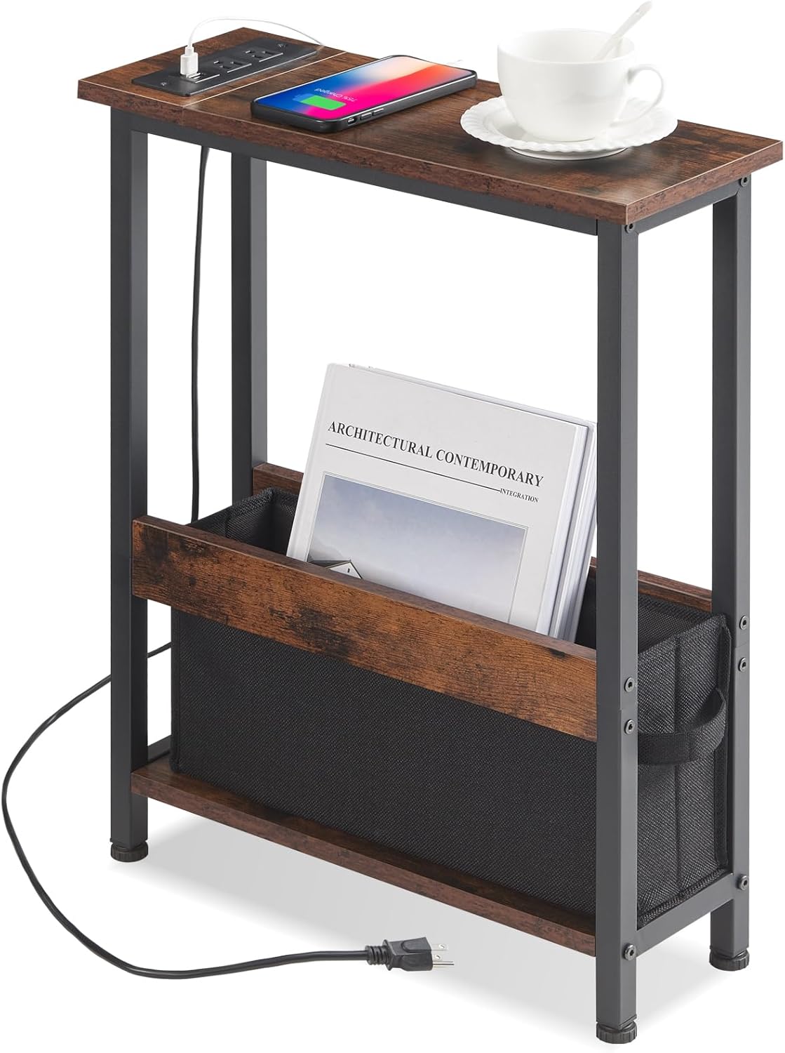 Slim Charging End Table with Storage for Small Spaces