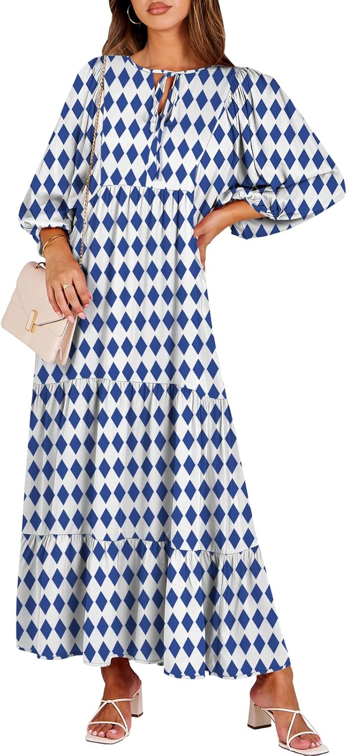 Boho Maxi Dresses for Women - Floral V Neck Puff Sleeve Style