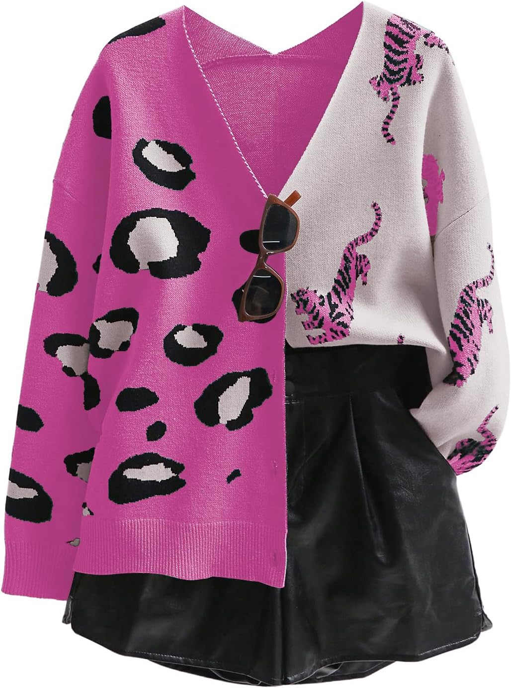 Leopard Tiger Print Cardigan V Neck Long Sleeve Sweater Outwear