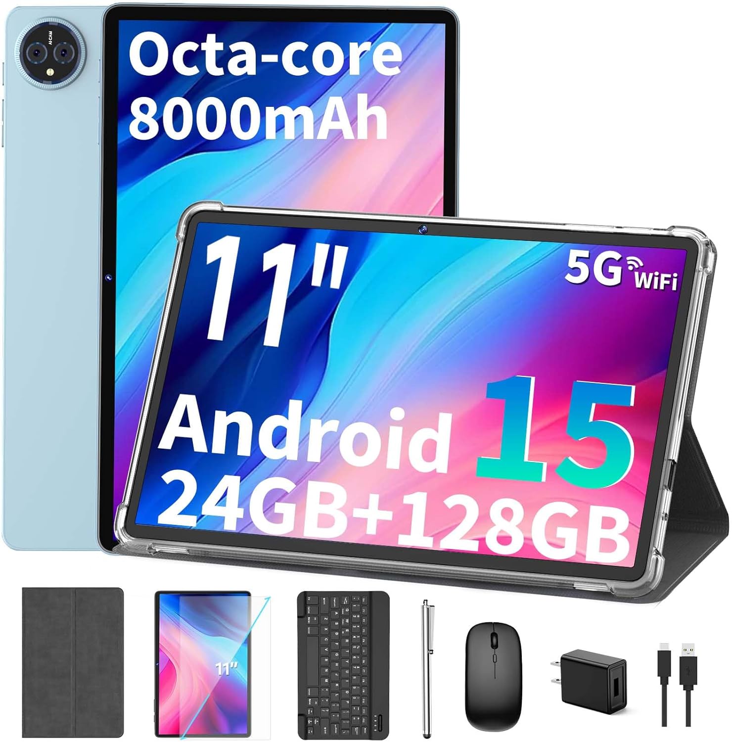 Android 15 Tablet with Keyboard: 11 Inch, 24GB RAM, 128GB ROM