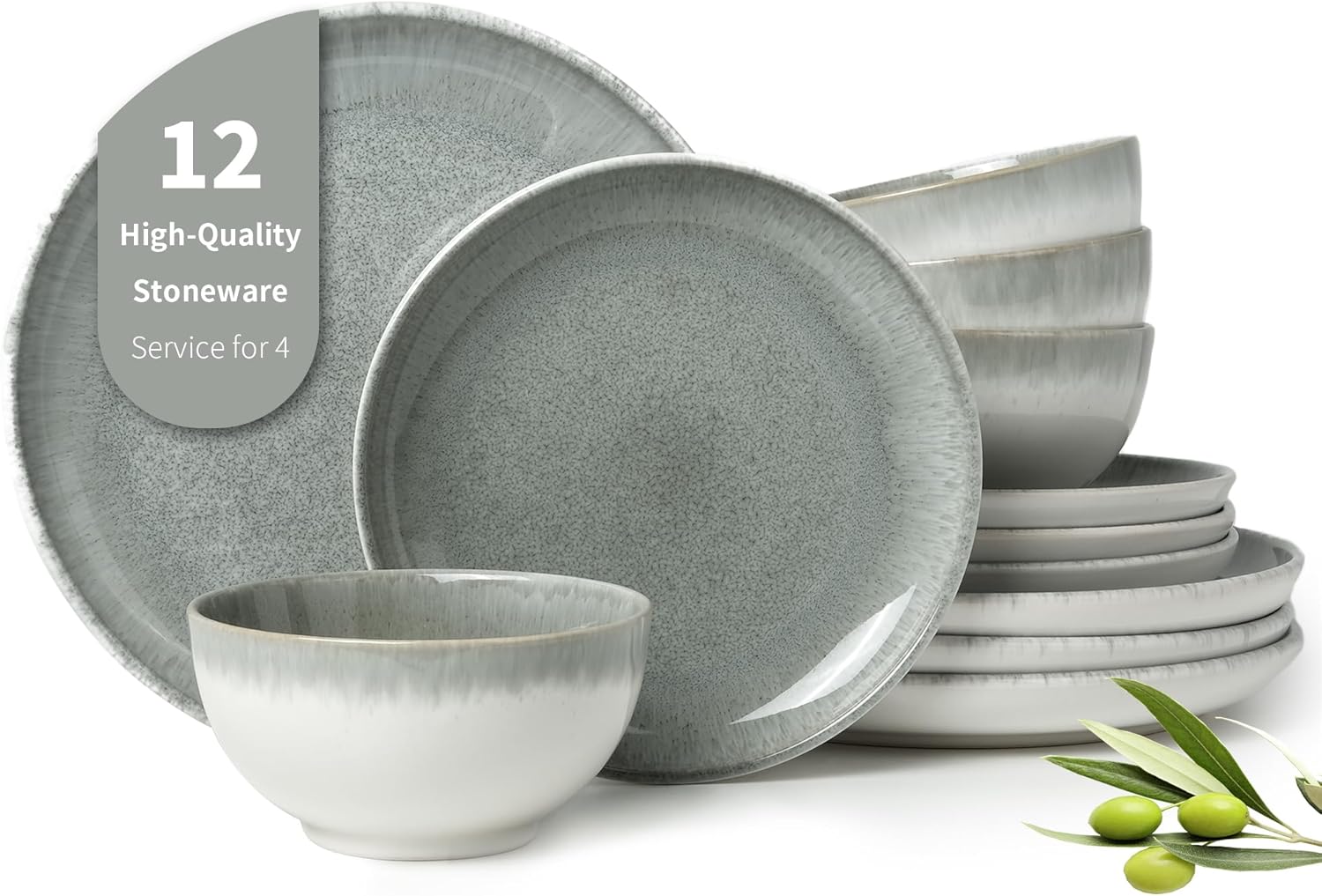 Gradient Green Stoneware Dinnerware Set, Unique 12 pcs Dishes