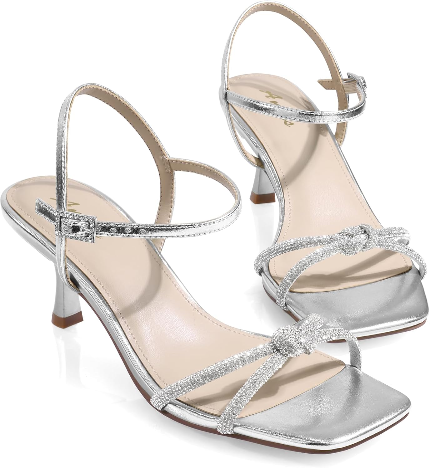 Ankis Kitten Heels Rhinestone Strappy Sandals for Women