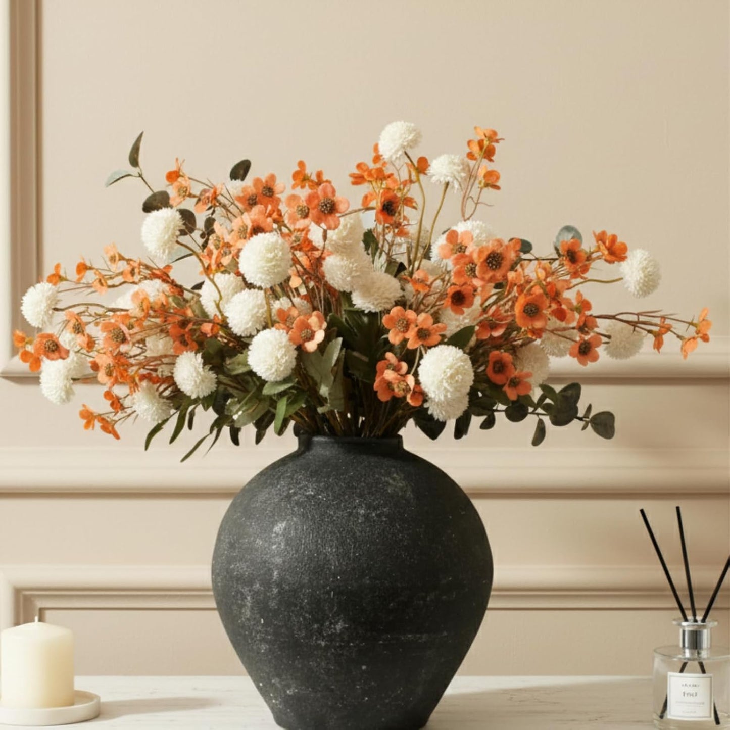 Artificial White Kiku & Orange Wax Flowers for Home Decor