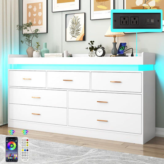 Modern 7 Drawer Dresser with LED Light and Charging Station