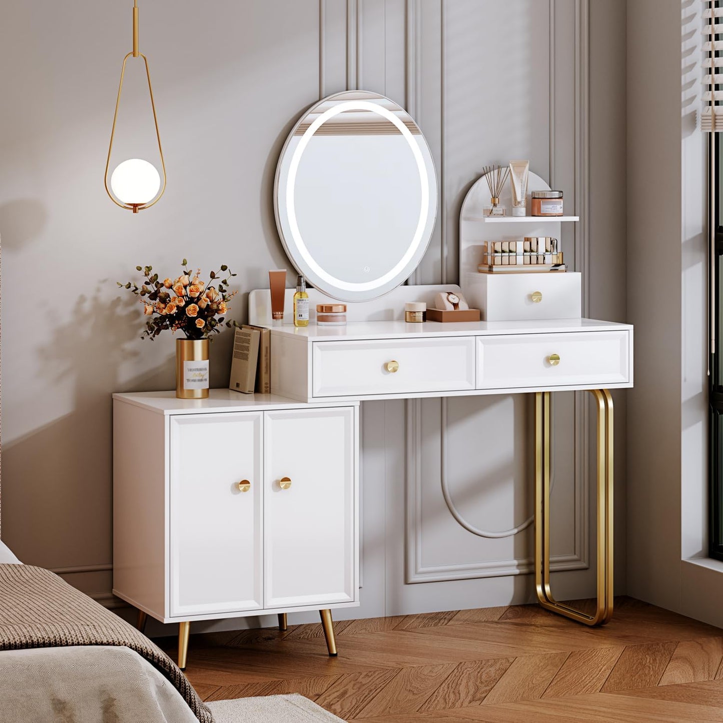 Modern Vanity Desk with Lights & Storage, Chrangmay