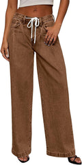 Sidefeel Women's High Waisted Wide Leg Jeans with Drawstring Comfort
