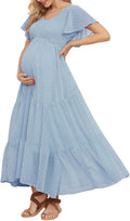 Swiss Dot Smocked Maternity Dress - Elegant Boho Maxi for Photos