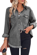 Women Denim Shirt Chambray Collared Jean Shirt - Relaxed Fringe Hem do