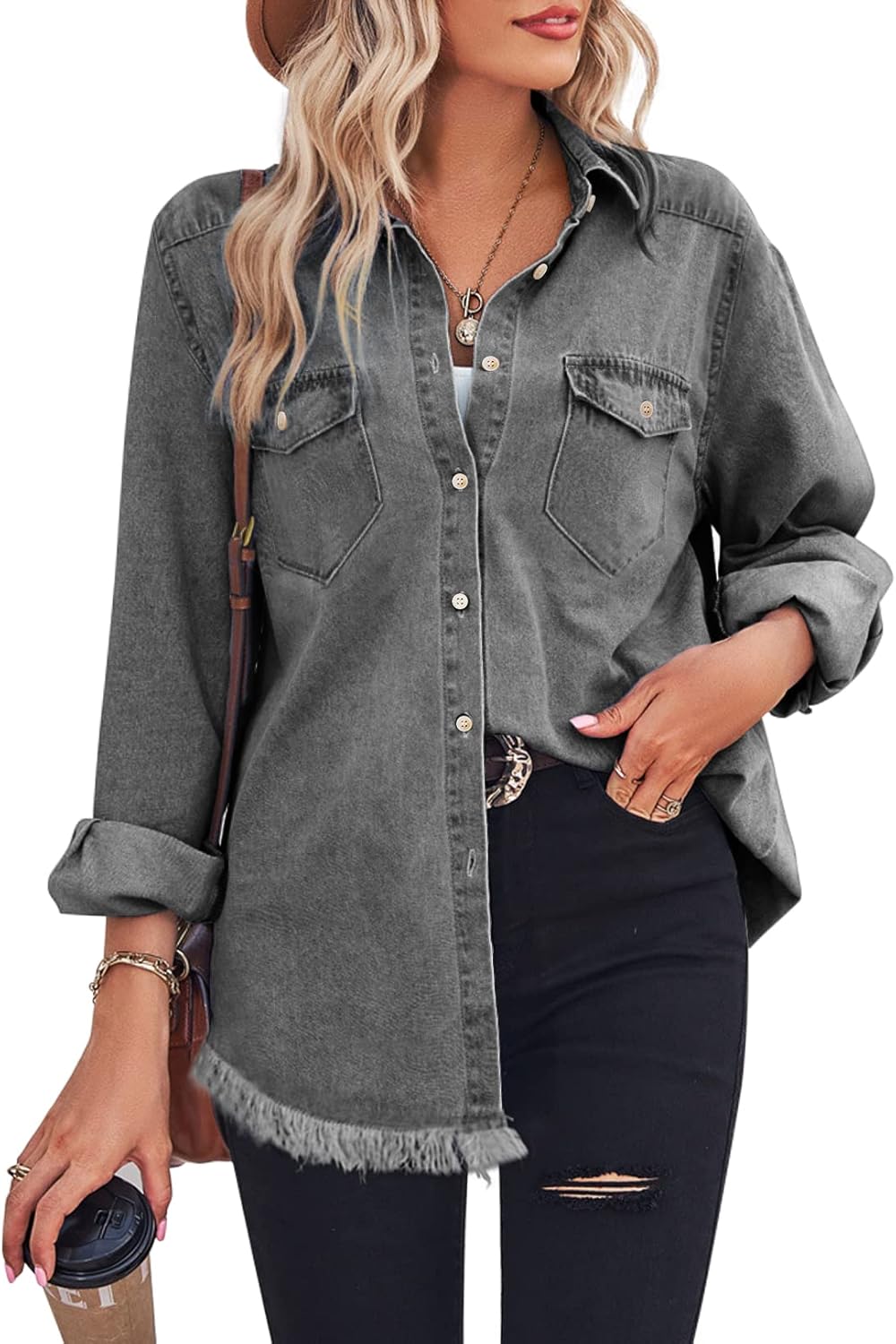 Zilcremo Women Denim Shirt - Stylish Chambray Button Down Blouse