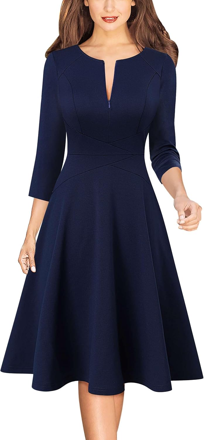 VFSHOW Womens Front Zipper Crisscross Waist A-Line Dress