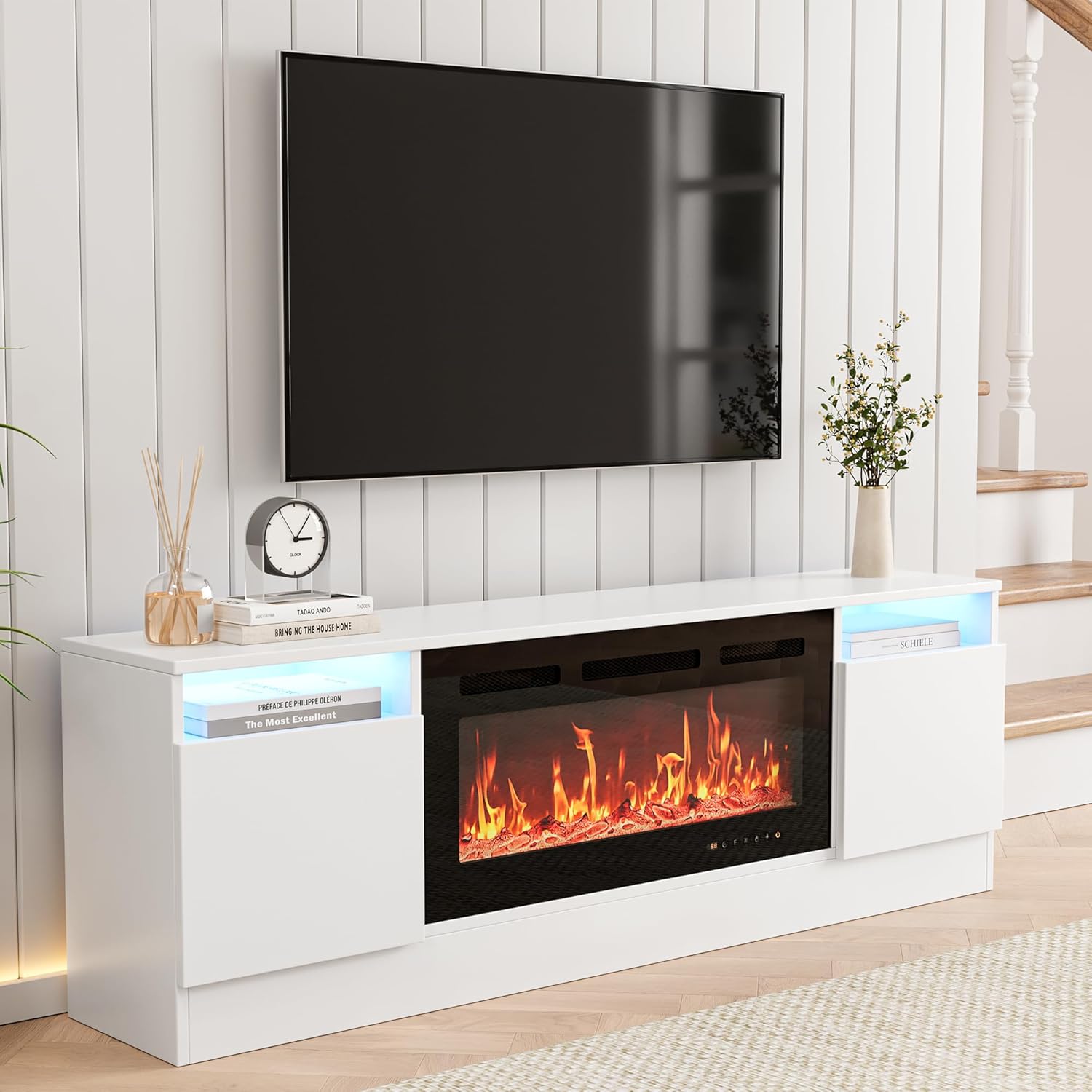 Modern White TV Stand with Storage for 55 TV, Fits 36 Fireplace