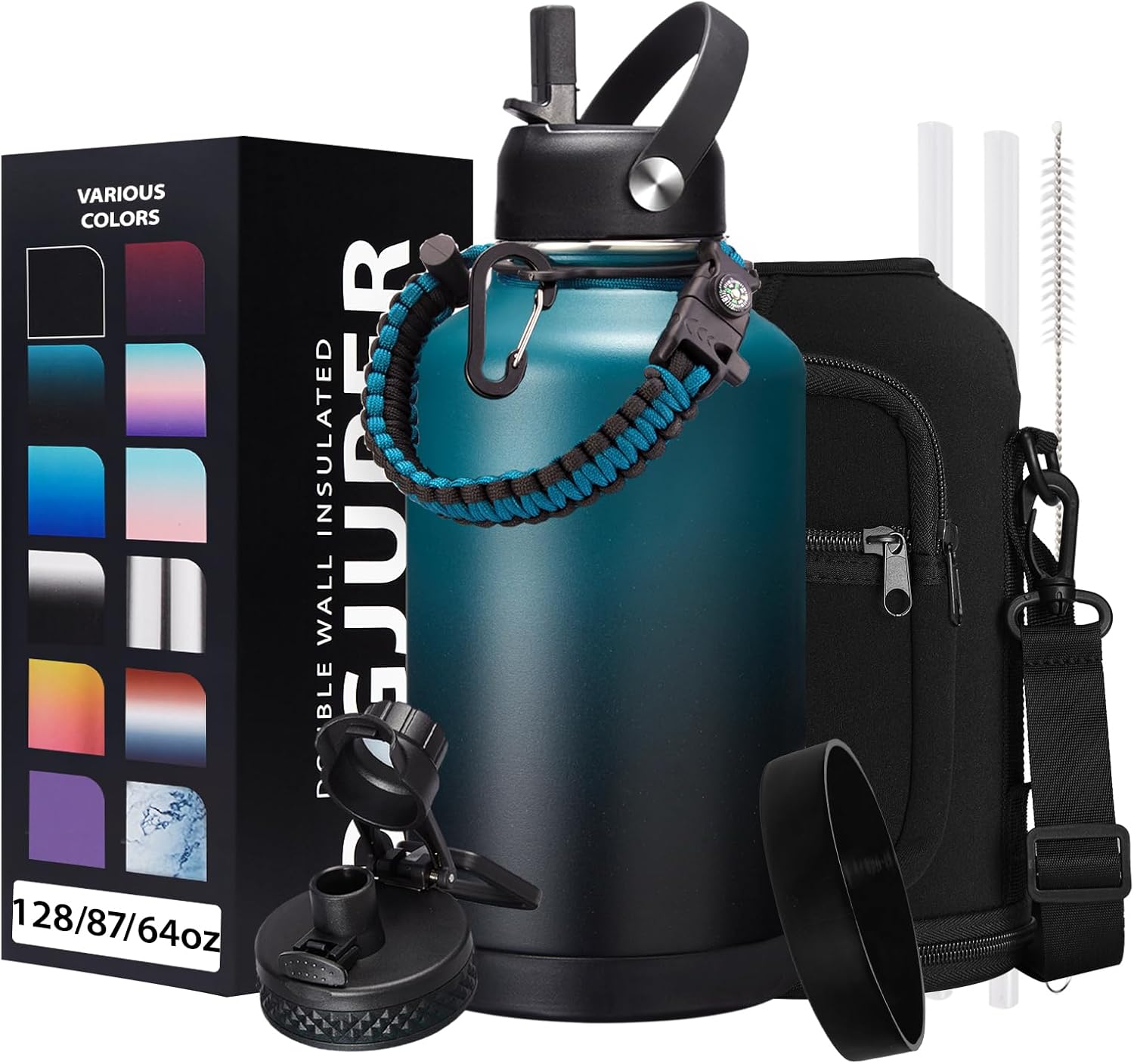 Half-gallon Insulated Water Bottle with Straw for Camping