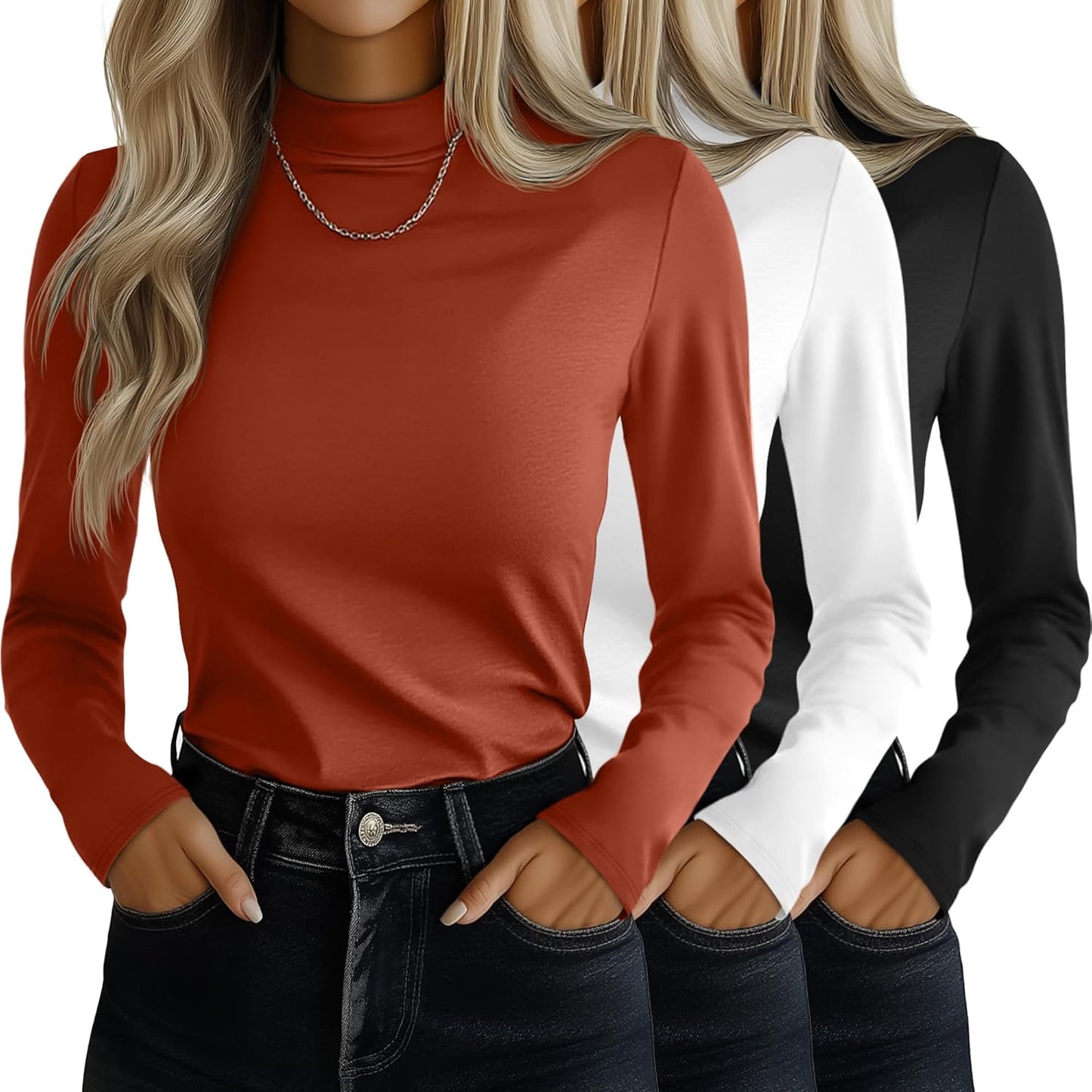 Ficerd 3 Pack Women's Mock Turtleneck Shirts for Stylish Comfort