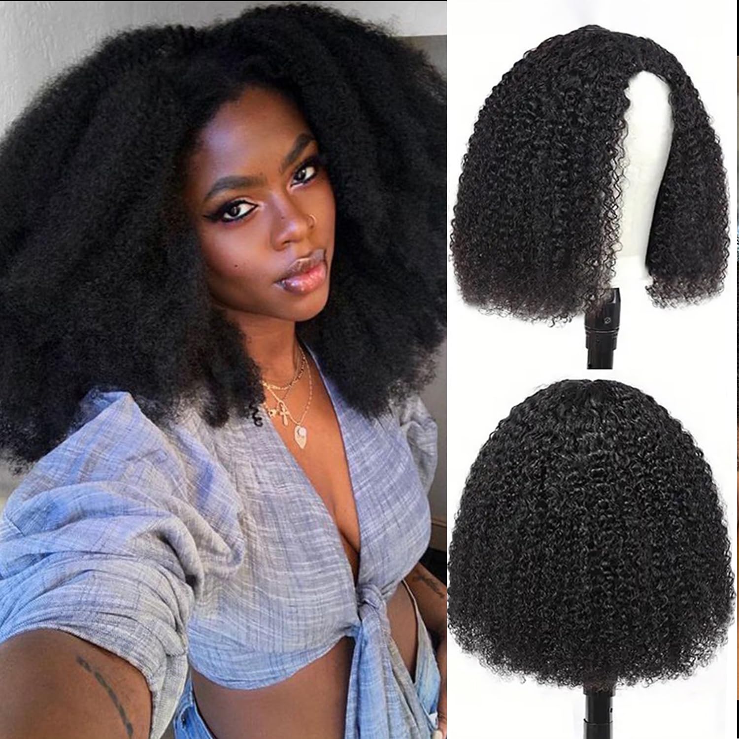 CanaryFly Half Wigs Afro Kinky Curly 3 In 1 Human Hair Wig