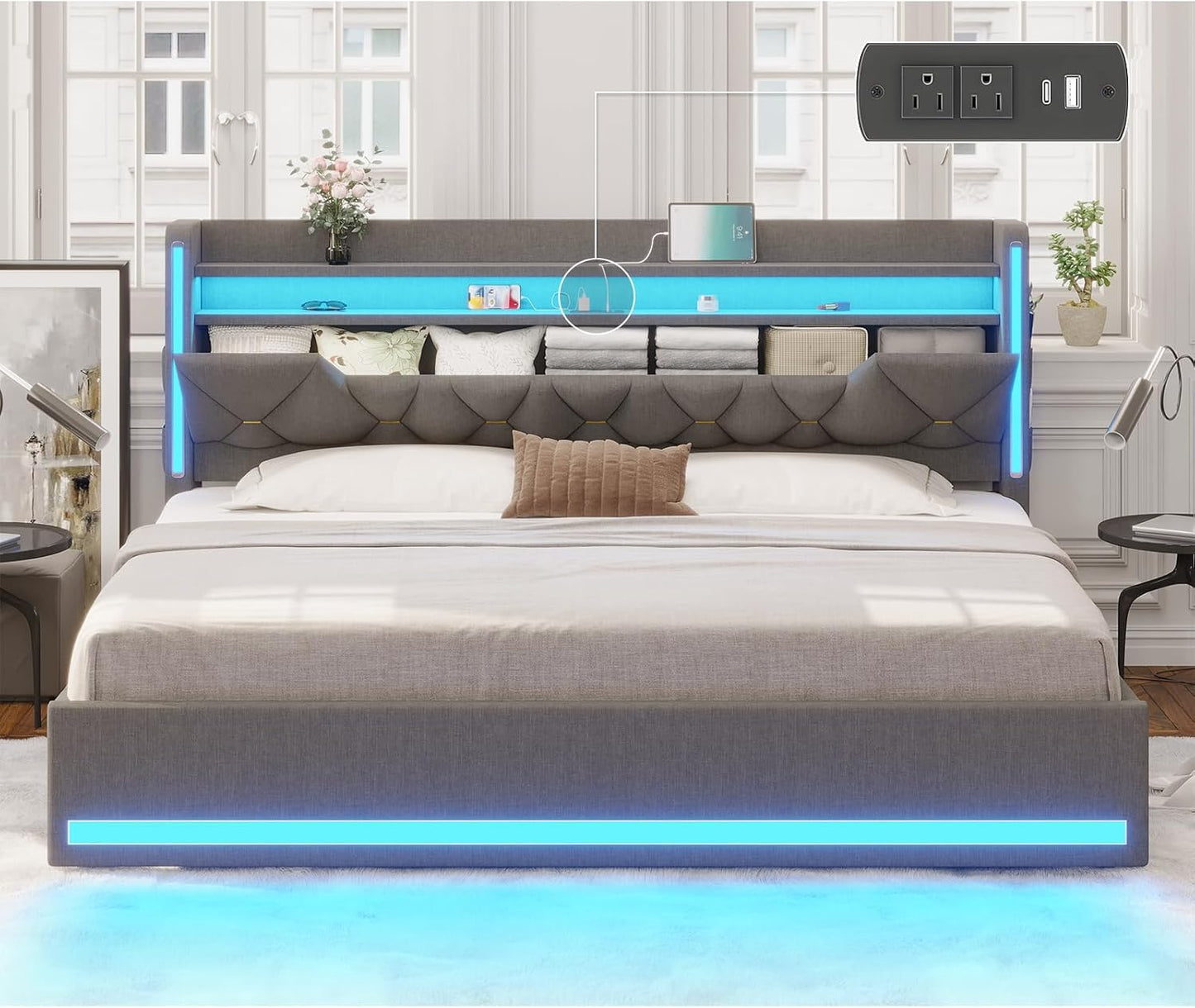 King Size Bed Frame with Marshmallow Headboard and Storage