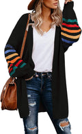 Women's Long Open Front Cardigan Striped Color Block Sweater - Cozy
