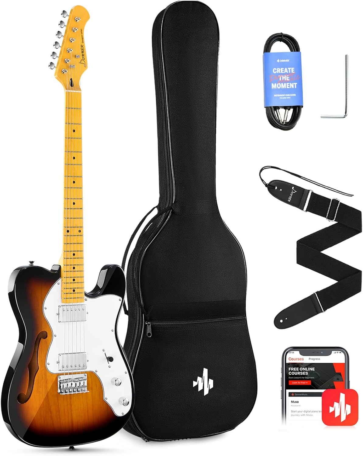 Beginner Full Size Jazz Electric Guitar Set - H-H Pickups, Bag, Strap, Cable - Sunburst