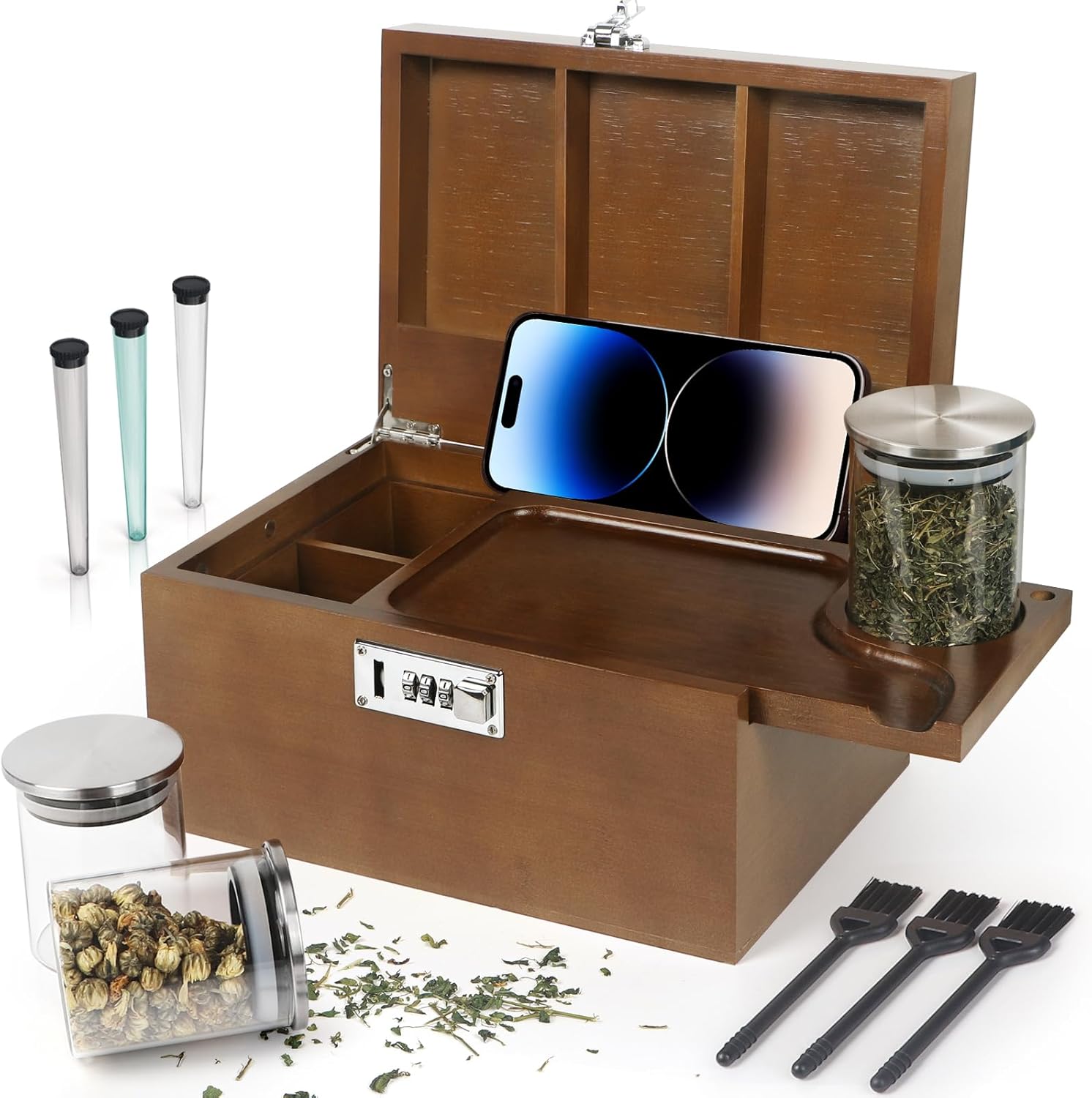Large Brown Bamboo Box with Combination Lock for Storage Needs