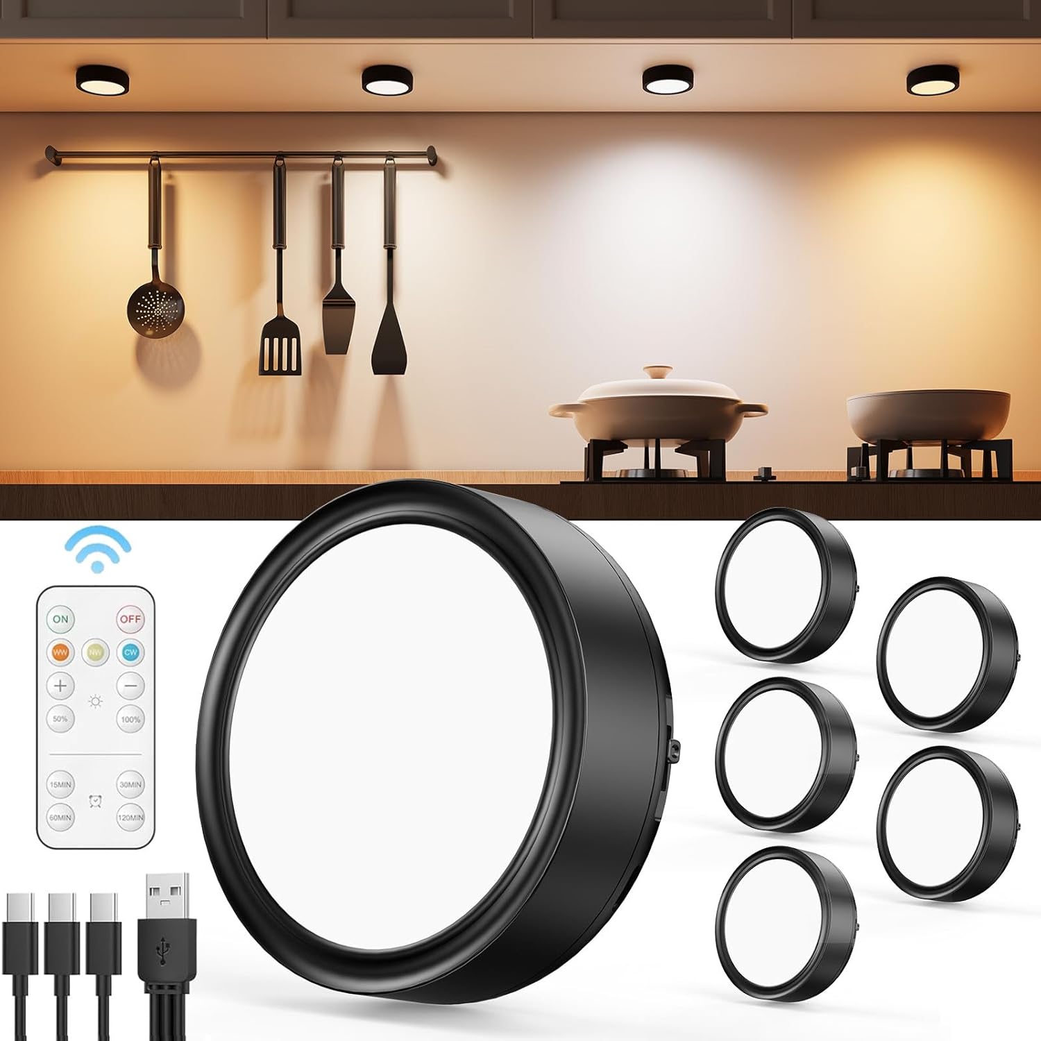 Rechargeable Under Cabinet Puck Lights with Remote Control