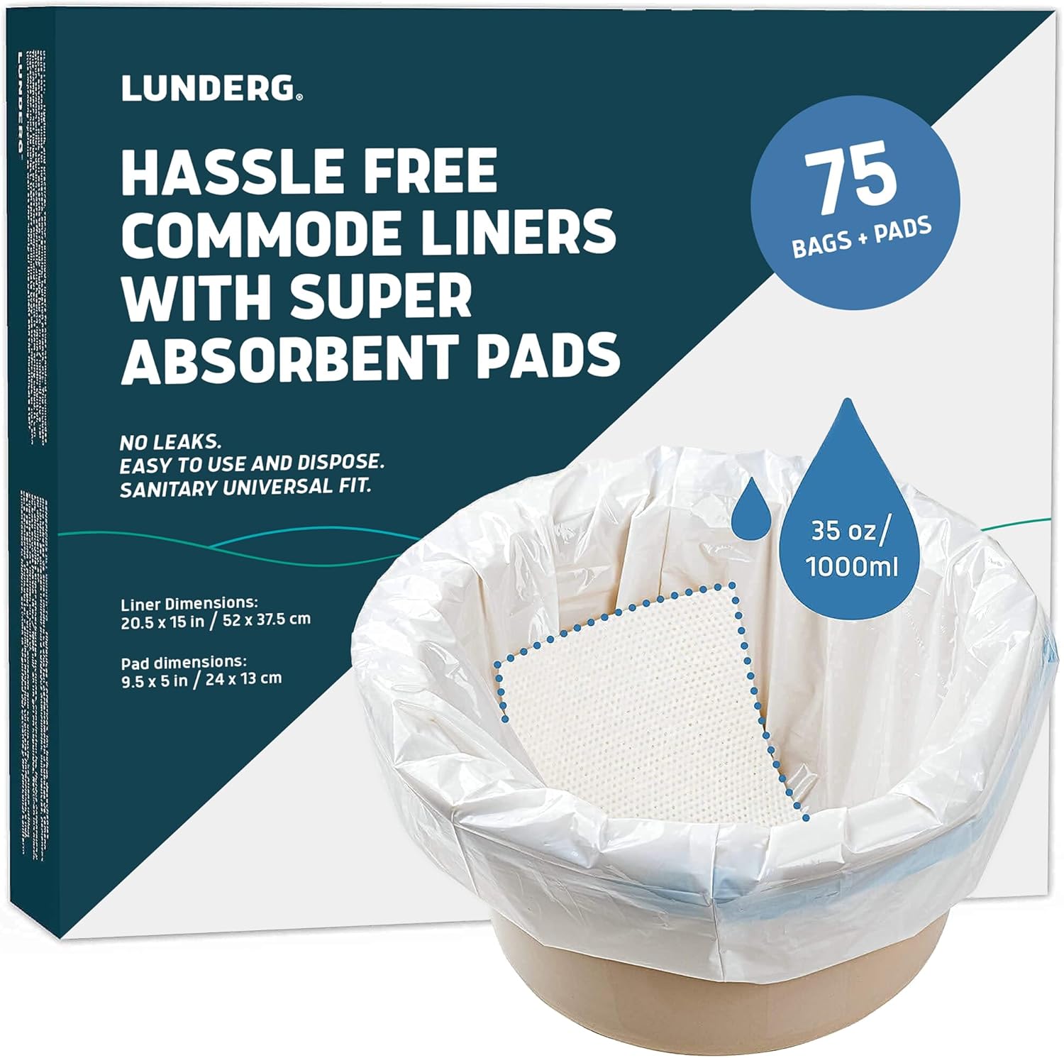 Lunderg Commode Liners with Absorbent Pads - 75 Count Value Pack