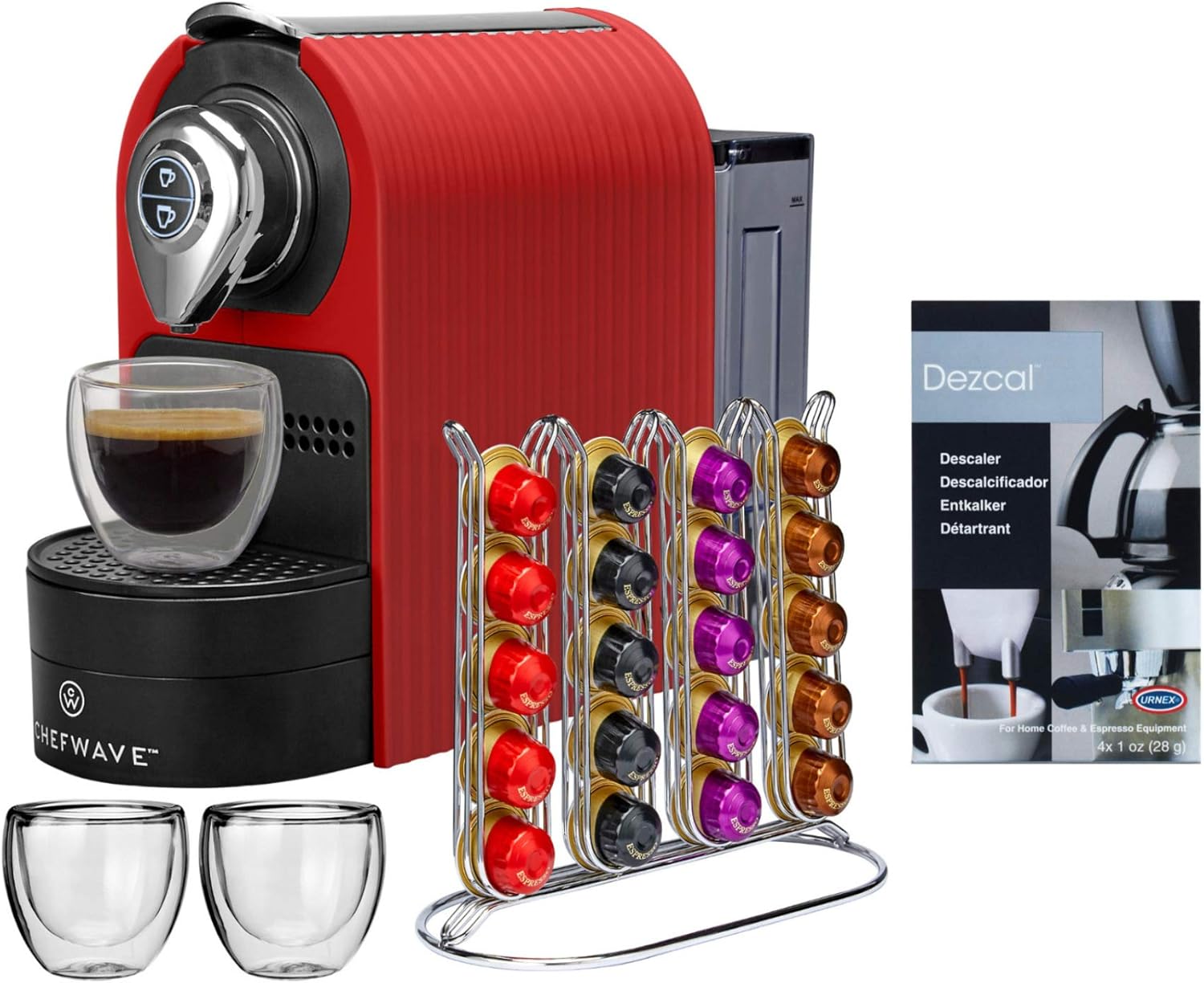 ChefWave Red Espresso Machine Bundle - Convenient Capsule Holder Included