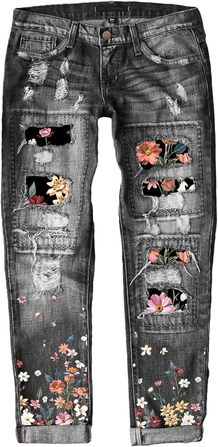 Astylish Womens Plaid Patch Ripped Boyfriend Distressed Jeans