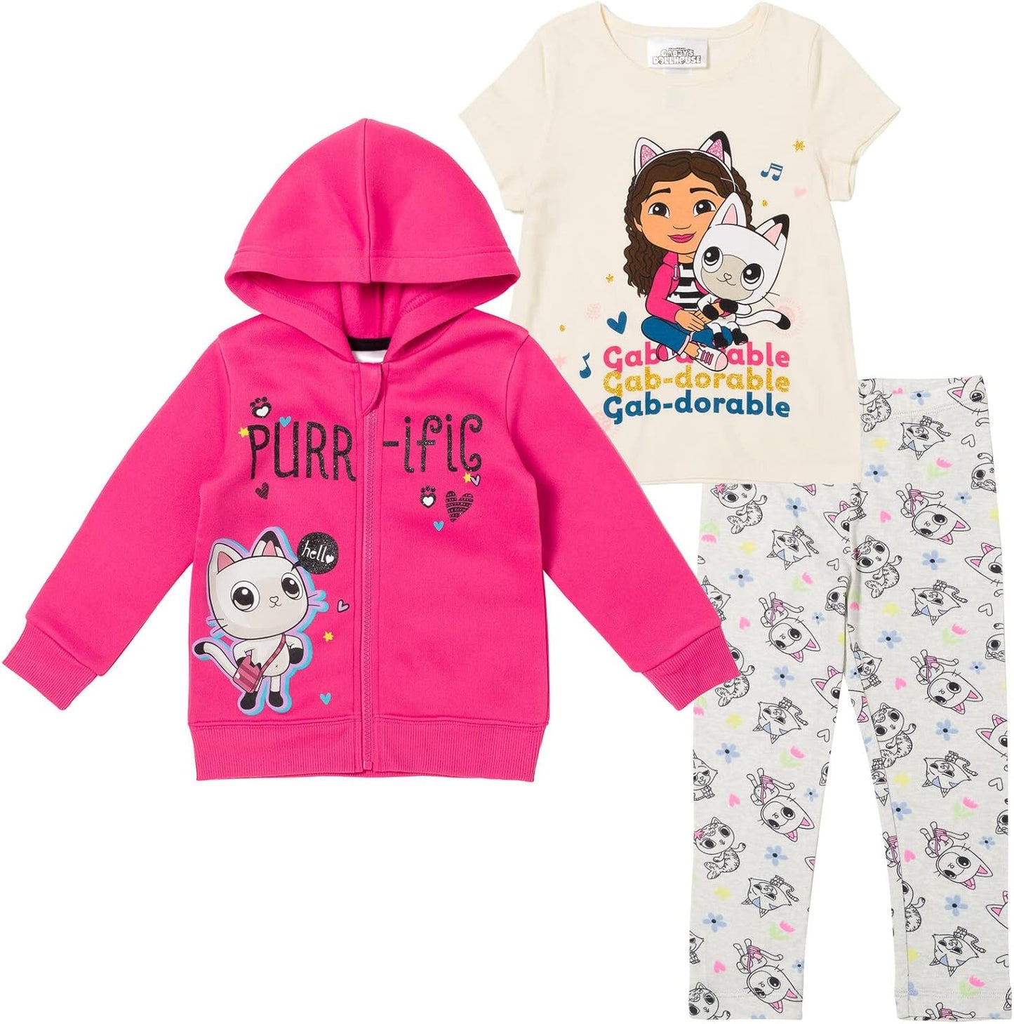Girls Fleece Zip Up Hoodie, T-Shirt and Leggings Set for Kids