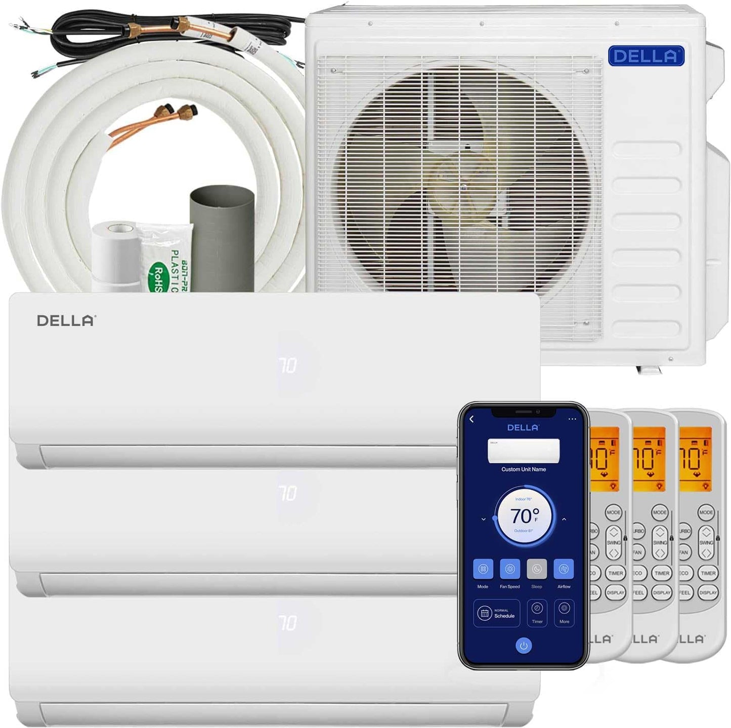 Della 27K Tri 3 Zone Mini Split - Cools 1200 Sq.Ft, Works with Alexa
