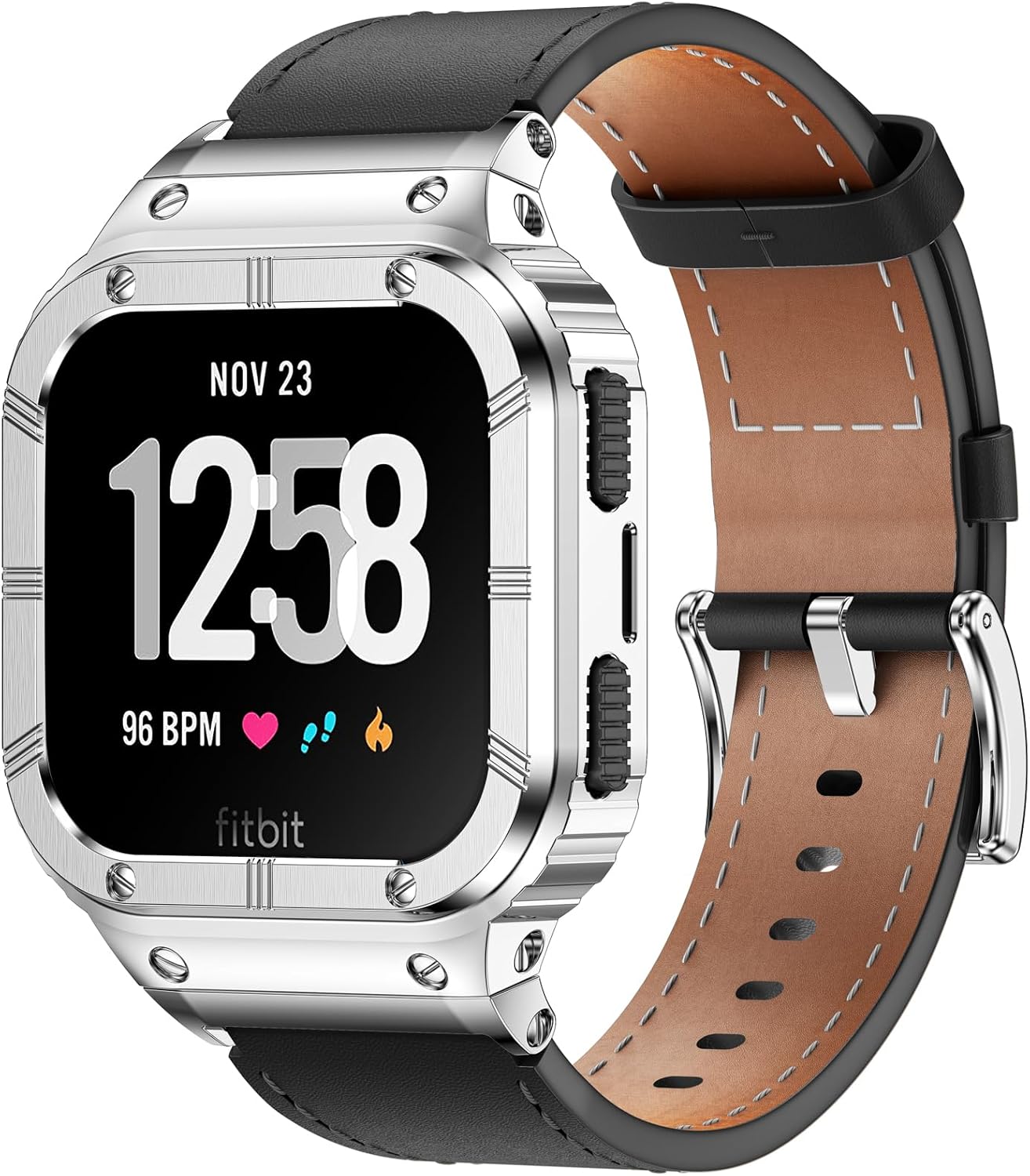 Leather Bands with Stainless Steel Case for Fitbit Versa Series