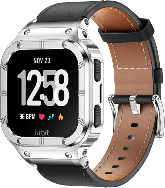Leather Bands with Stainless Steel Case for Fitbit Versa Series