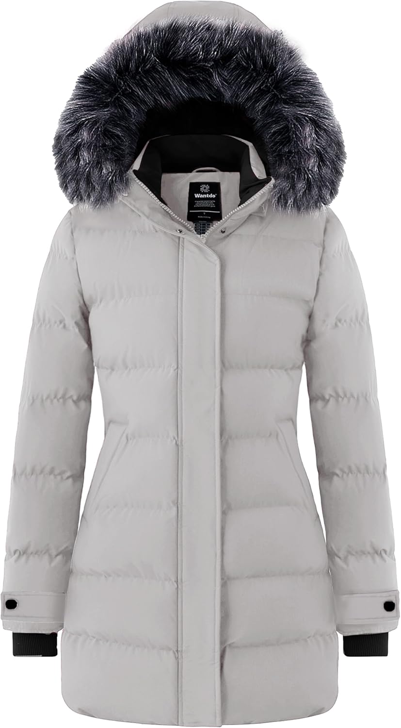 Wantdo Women's Long Quilted Winter Coat with Faux Fur Hood