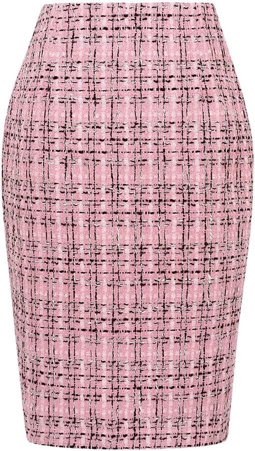 Womens Wool Plaid Pencil Skirt High Waisted Bodycon Midi Skirt