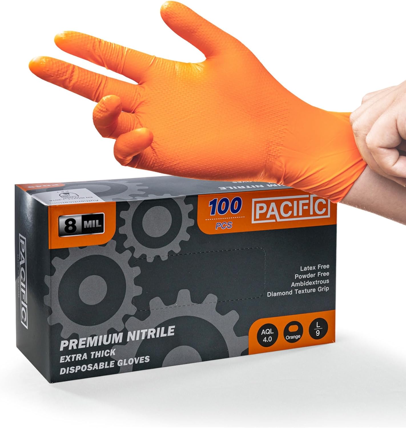 PACIFIC PPE Orange Nitrile Gloves - 8 Mil Latex-Free - Fully Textured - Food Safe - Large
