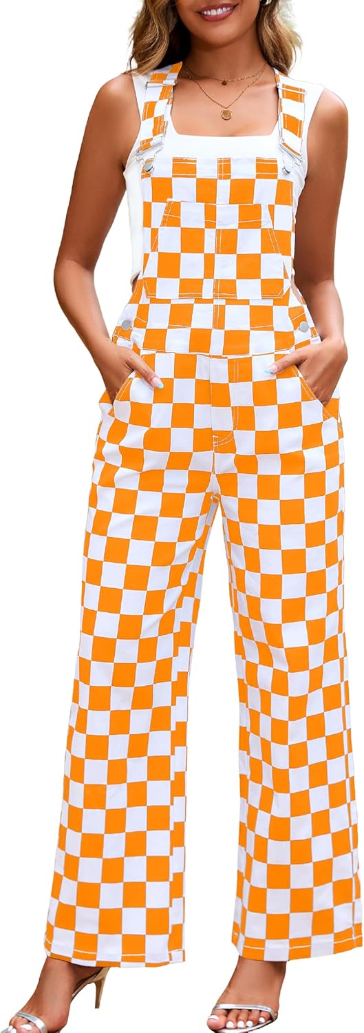 Orange Checkered Overalls for Women - Stylish Loose Fit Jumpsuits