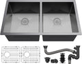 Black Kitchen Sink 33in Undermount Double Bowl - Durable Nano Finish