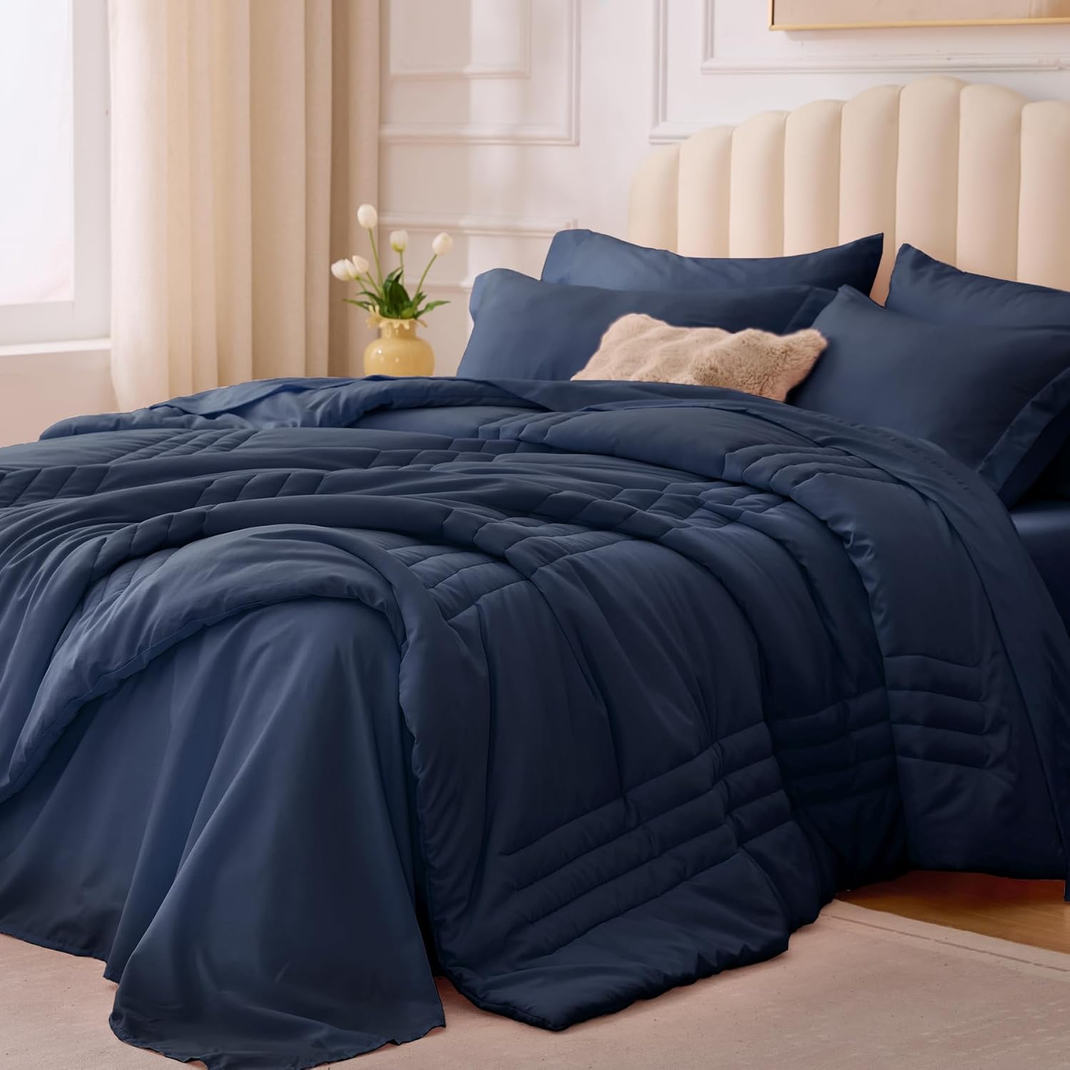 Full Comforter Set Navy - 7 Piece Bed in a Bag for All Seasons