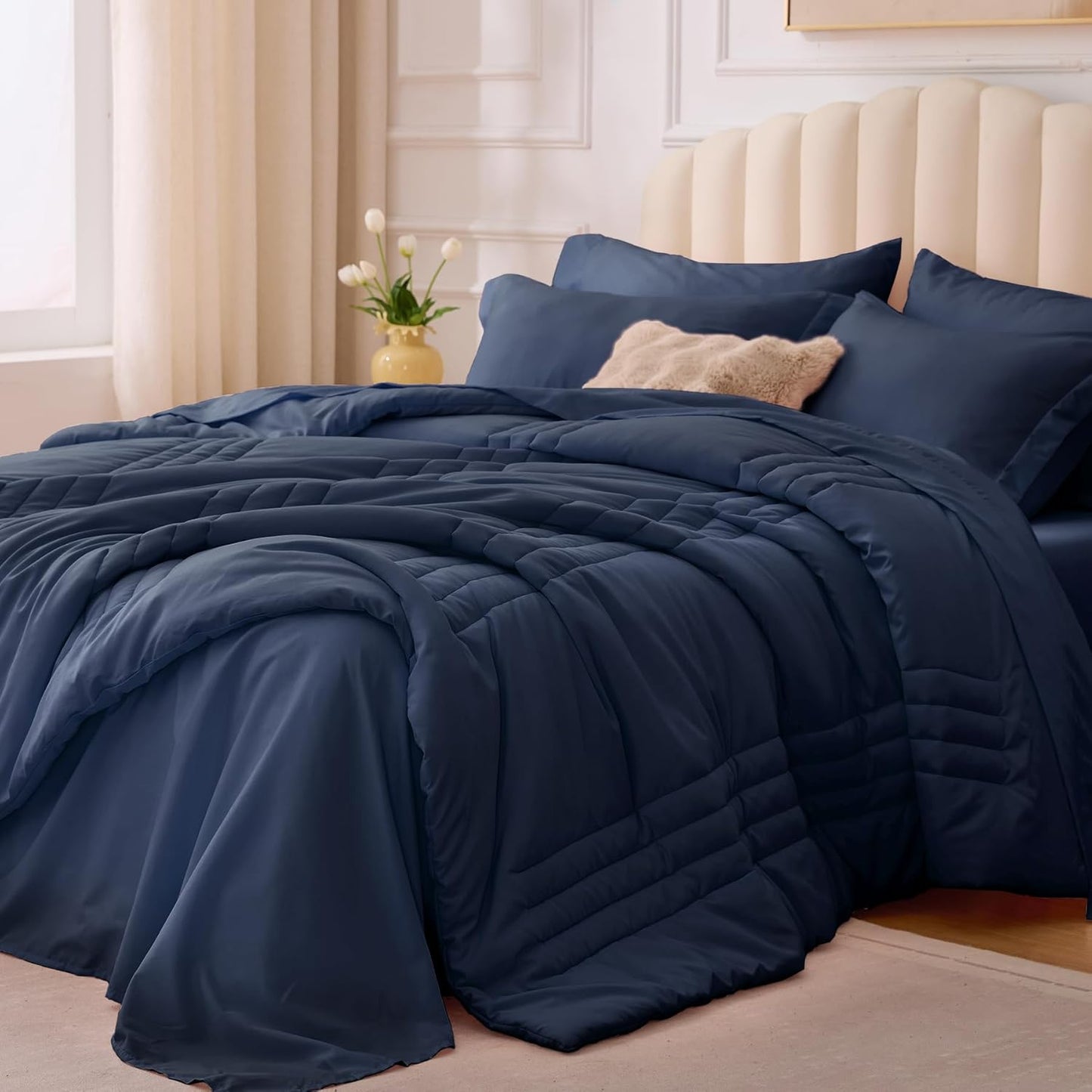 King Comforter Set Navy - Premium 7 Piece Bedding Set for All Seasons