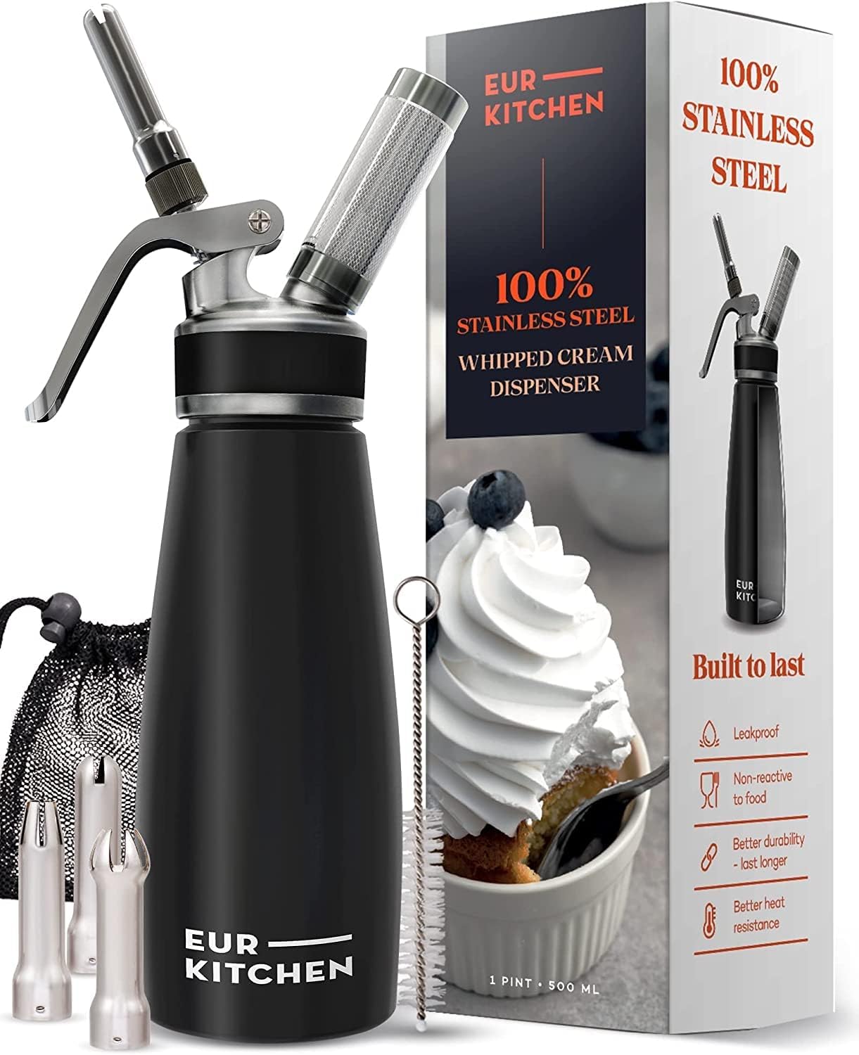 EurKitchen Stainless Steel Whipped Cream Dispenser for Professionals