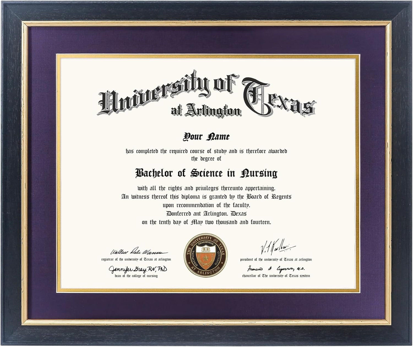 11x14 Wood Diploma Frame with Rustic Black Finish and Gold Trim