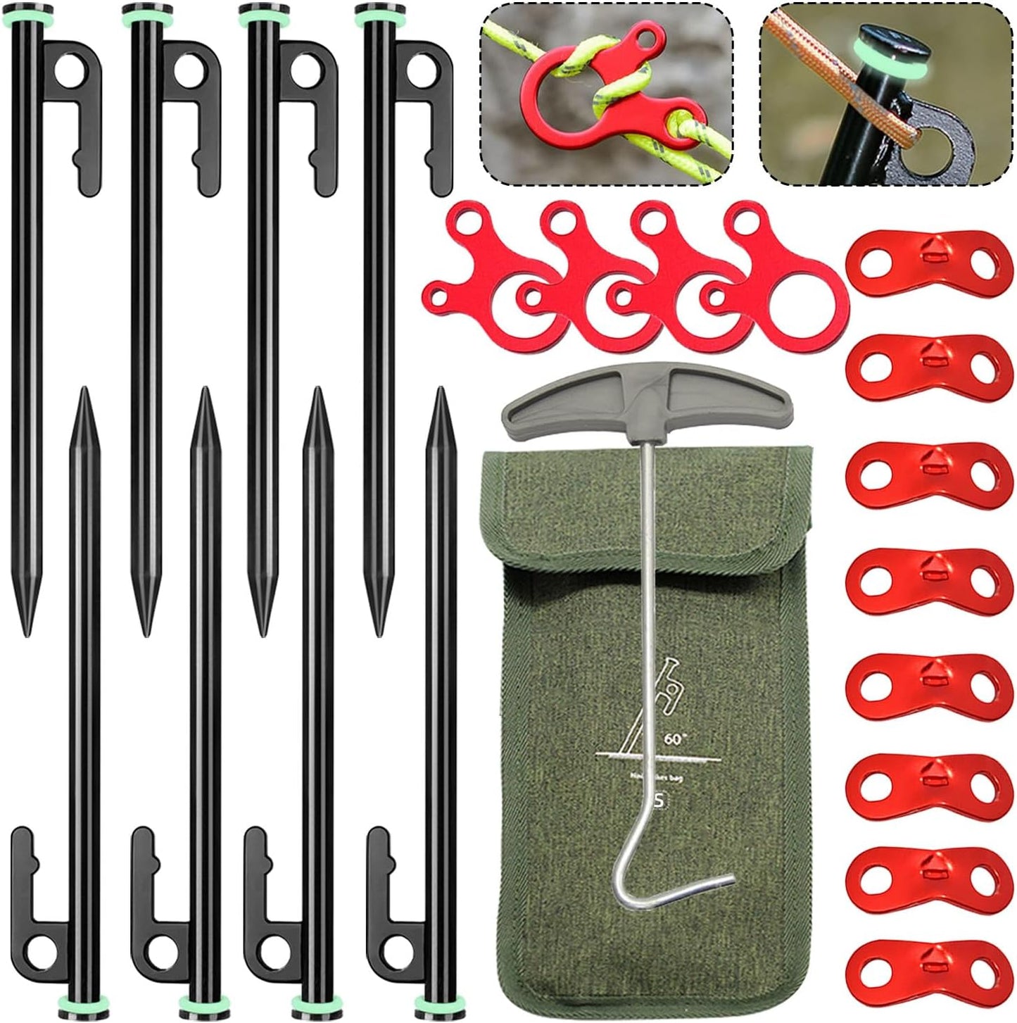 Heavy Duty Tent Stakes Set w/ Fluorescent Circles - Outdoor Essential
