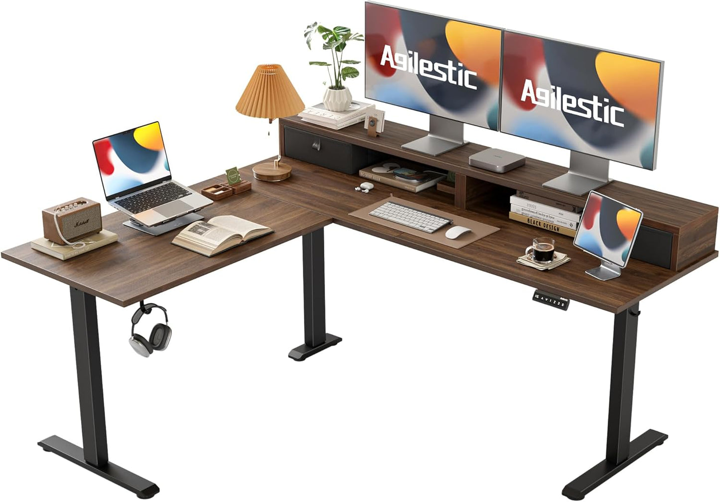 Electric L Shaped Standing Desk with Storage