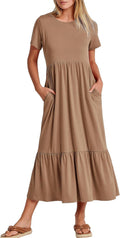 Womens Summer Maxi Dress A Line Tiered Flowy Tee - Comfortable Travel