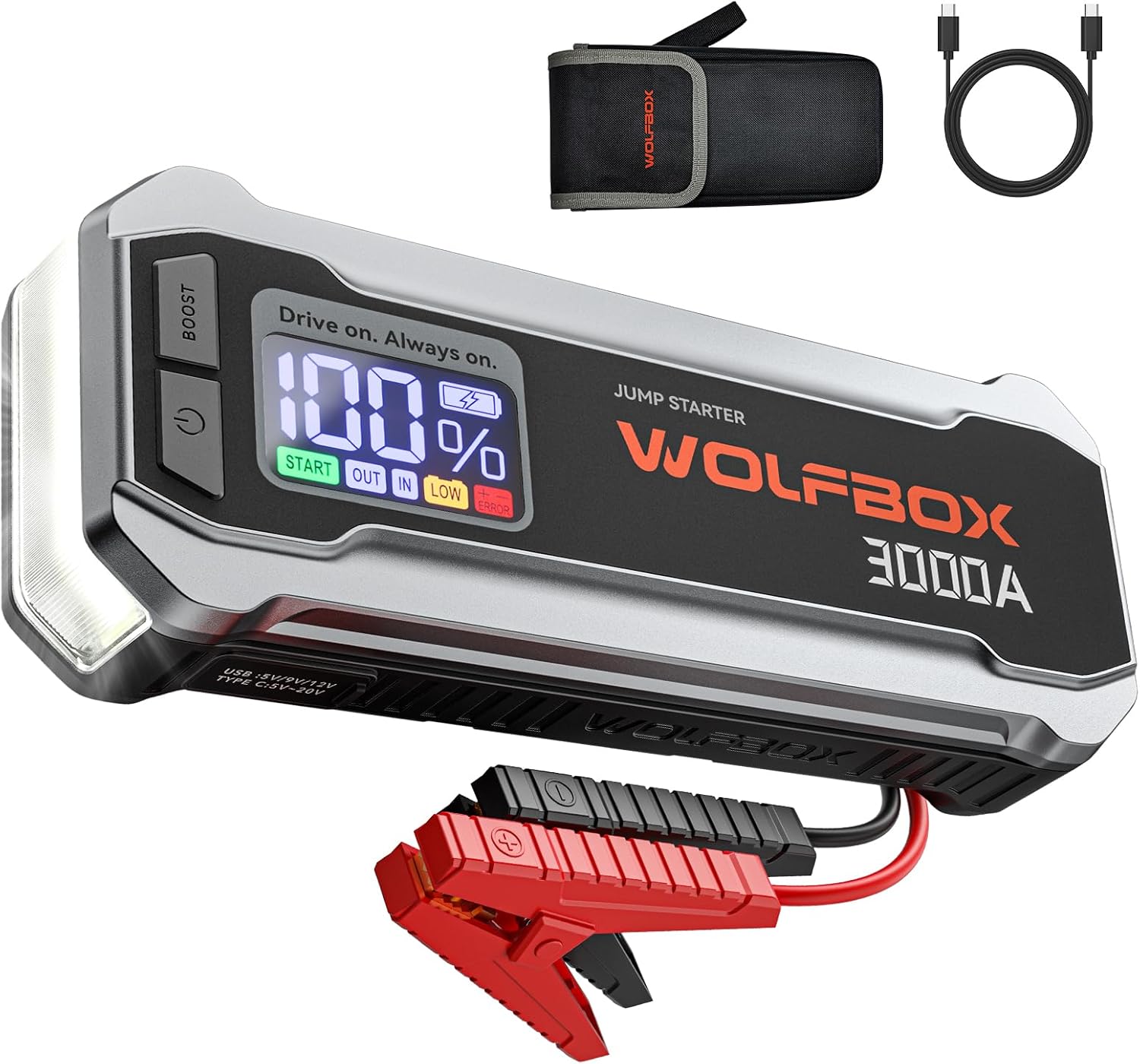 WOLFBOX 3000A Jump Starter - Powerful 16000mAh Battery Pack