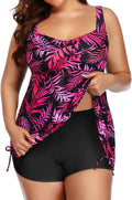 Plus Size Tankini Swimsuit for Women - Flowy Pink Leaves Two Piece
