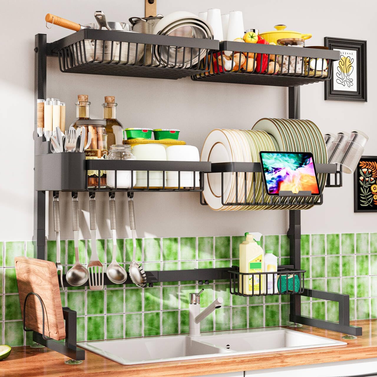 3-Tier Over Sink Dish Draining Rack with Adjustable Features