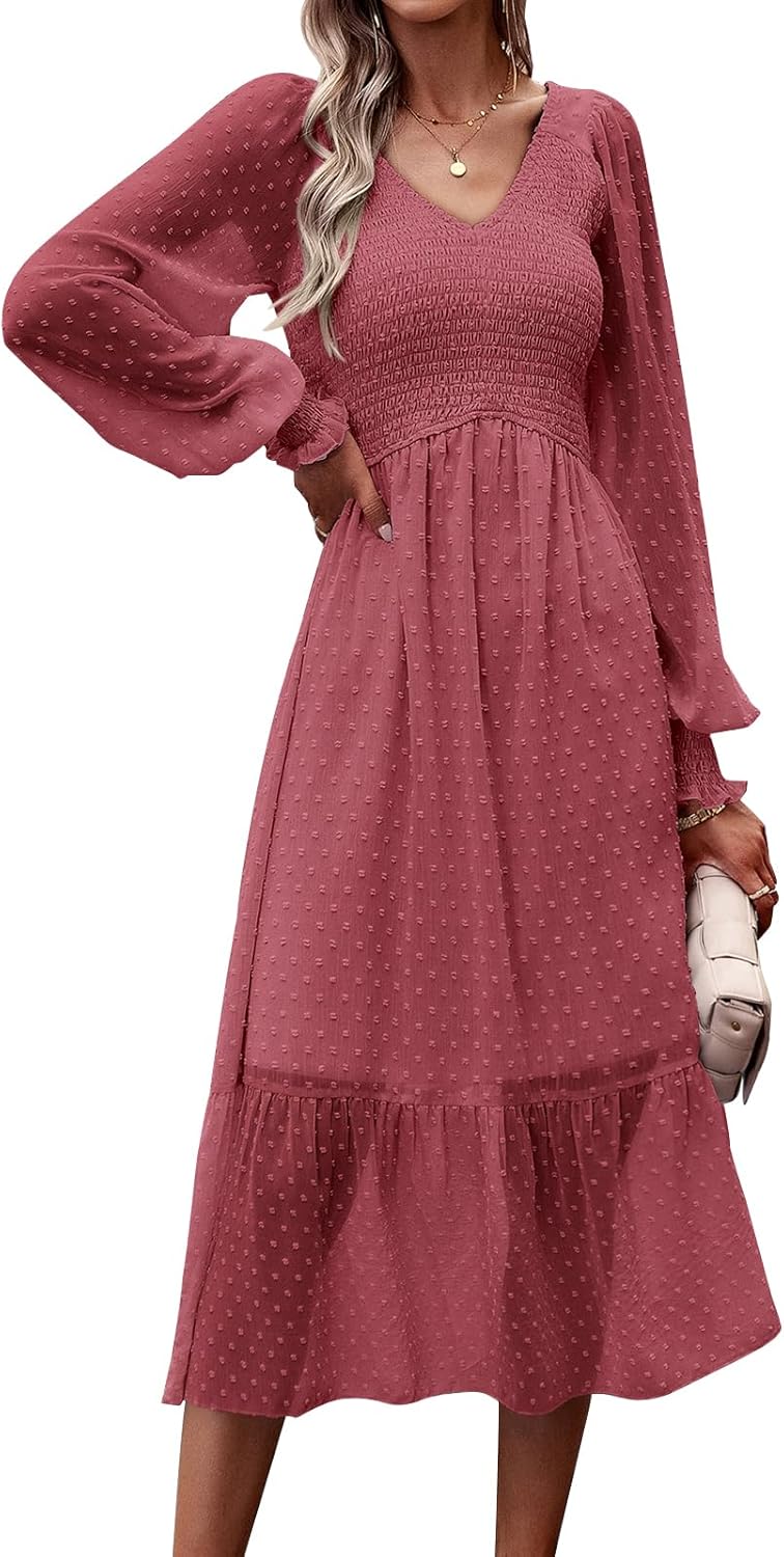 PRETTYGARDEN Women's Fall Dresses Long Sleeve V Neck Swiss Dot